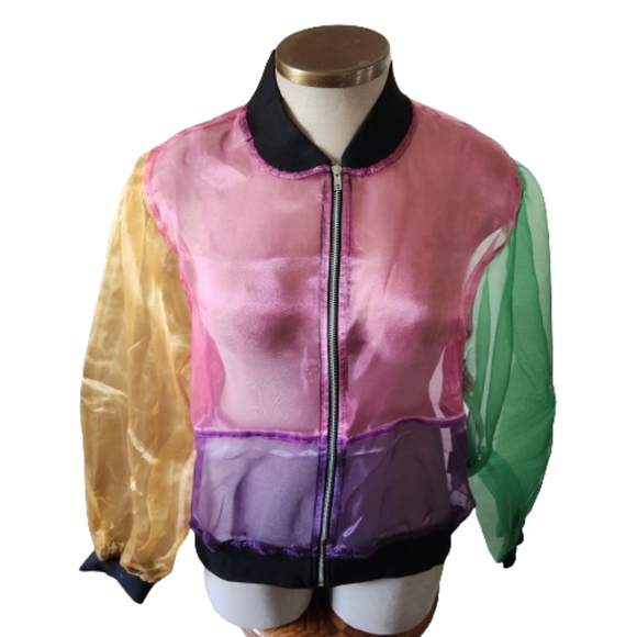 ADORABLE ☆ ORGANZA ☆ COLORBLOCK ☆ SHEER BOMBER JACKET ☆ NWT - Picture 2 of 8